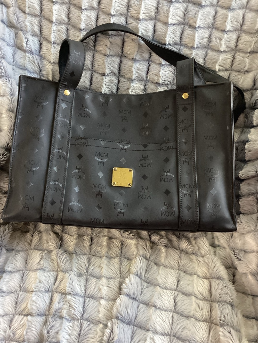 MCM Black Monogrammed Tote with Gold Plaque GUD